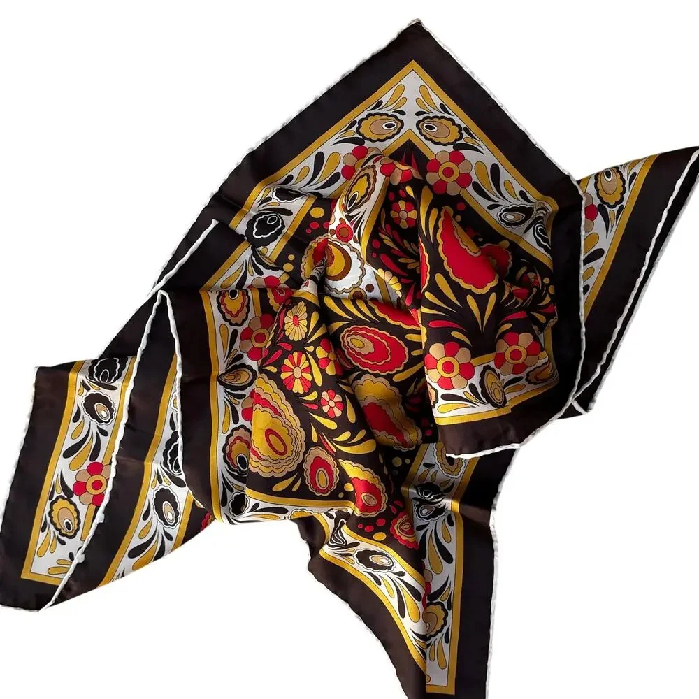 Vintage 70s silky square scarf brown tan gold orange paisley print hand rolled